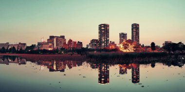 Tokyo 'daki Ueno Park Panorama Gölü yansıması, Japonya.