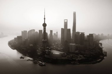Şangay şehri hava manzaralı Pudong iş bölgesi ve Çin 'de ufuk çizgisi.