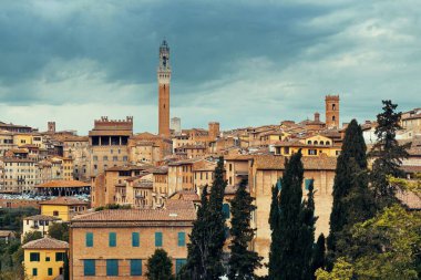 Ortaçağ kenti Siena tarihi binalar ve İtalya 'daki Belediye Zil Kulesi ile ufuk çizgisi manzarası