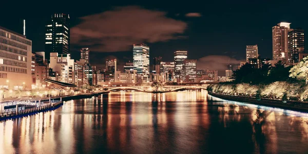 Osaka Skyline Rivier Met Wolkenkrabbers Brug Japan — Stockfoto