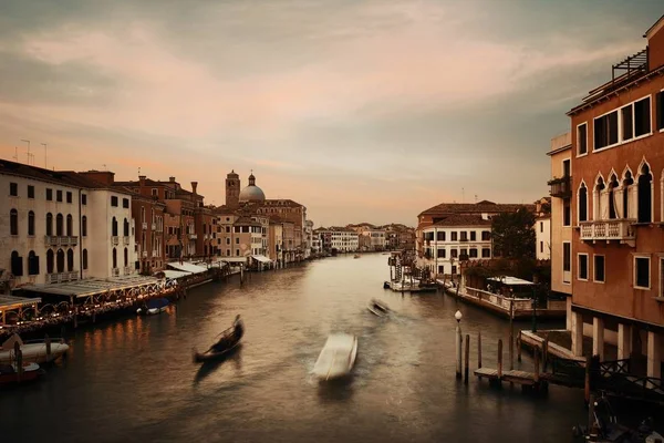 Venecia Gran Canal Vista Puesta Del Sol Con Edificios Históricos — Foto de Stock
