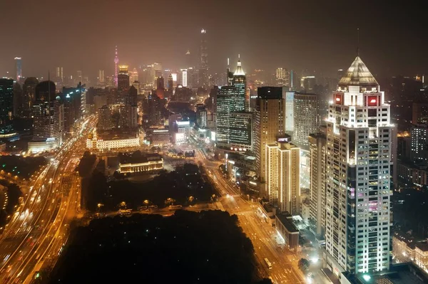 Shanghai Vista Aérea Noite Cima Com Skyline Cidade Arranha Céus — Fotografia de Stock