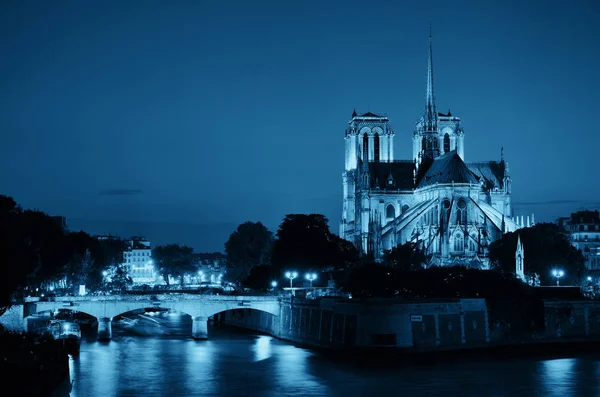 Notre Dame Paris Schemering Rivier Seine Als Beroemde Stad Mijlpaal — Stockfoto