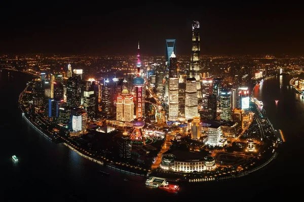 Shanghai Pudong Antenn Nattutsikt Uppifrån Med Staden Skyline Och Skyskrapor — Stockfoto