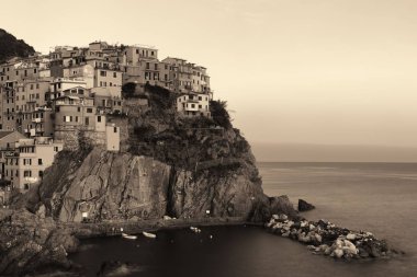 Manarola İtalya 'nın Cinque Terre kentindeki uçurumun üzerindeki binalarla Akdeniz' e tepeden bakıyor..