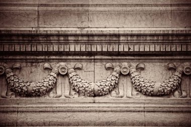 Tarihi binalar closeup görünümü vintage desenleri ile yıkıntıları ile Roma Forumu. İtalya.
