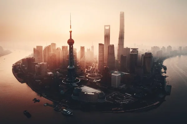 Vista aerea sull'alba della città di Shanghai con il quartiere degli affari Pudong — Foto Stock