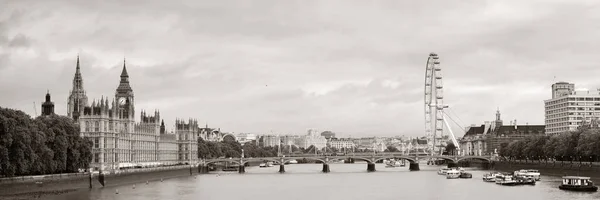 伦敦黑白相间的泰晤士河全景与伦敦眼和威斯敏斯特宫 — 图库照片