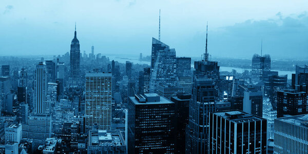 New York City skyscrapers rooftop urban view.