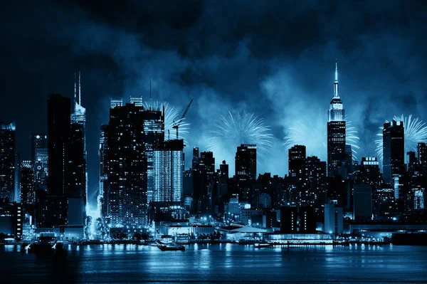 Ohňostroj Manhattan Midtown Mrakodrapy Panorama New Yorku Noci — Stock fotografie