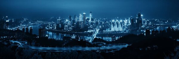 Chongqing urban architecture and city skyline panorama at night in China