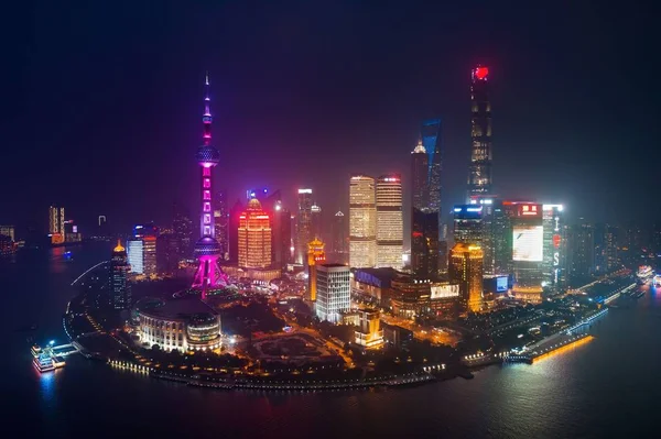 Vista Aérea Nocturna Shanghái Desde Arriba Con Horizonte Ciudad Rascacielos —  Fotos de Stock