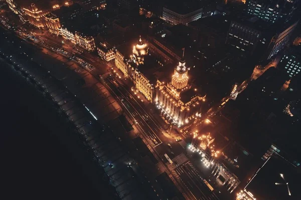 Shanghai Bund Vue Aérienne Nuit Haut Avec Horizon Ville Gratte — Photo