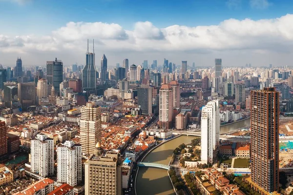 Shanghai Luftaufnahme Von Oben Mit Skyline Der Stadt Suzhou Creek — Stockfoto