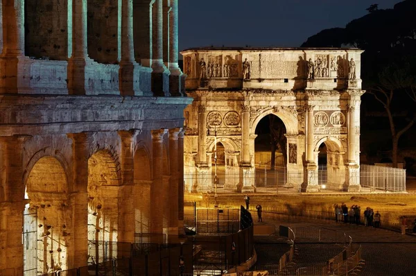Konstantinbogen Und Kolosseum Bei Nacht Rom Italien — Stockfoto