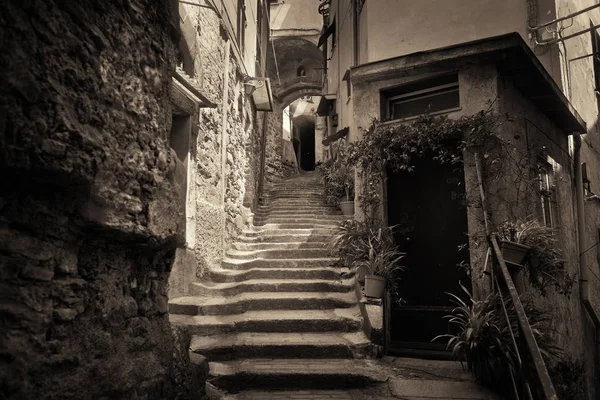 Cinque Terre, İtalya 'da tipik Riomaggiore sokak manzarası.
