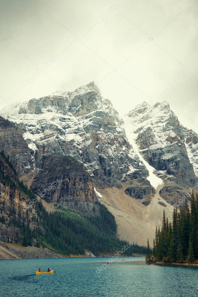 Moraine Lake with snow capped mountain of Banff National Park in Canada