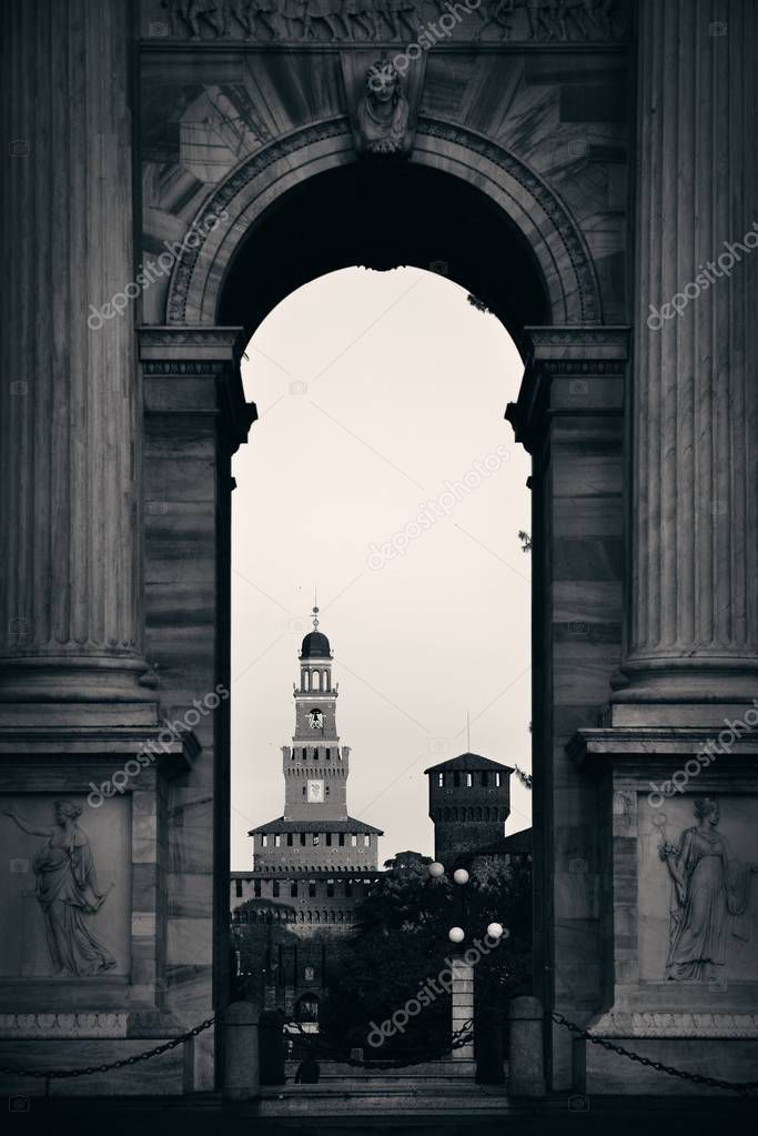 Arch of Peace, or Arco della Pace and bell tower of Sforza Castle in Italian, in Milan, Italy.