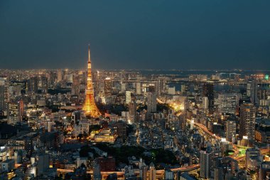 Tokyo Kulesi ve şehir çatısı geceleyin Japonya 'da..