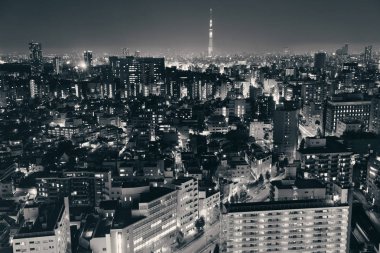 Tokyo Skytree ve kentsel gökyüzü çatısı geceleyin, Japonya.