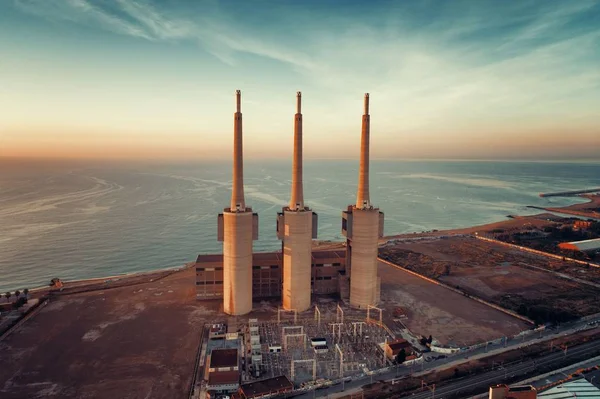 Besos thermic power plant aerial sunrise — Stock Photo, Image