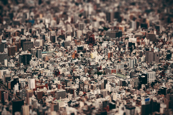 Tokyo urban rooftop view background tilt-shift effect, Japan.