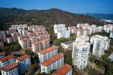 Xiamen şehir mimarisi Fujian, Çin 'de havadan izlendi..