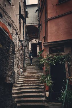 Cinque Terre, İtalya 'da tipik Riomaggiore sokak manzarası.