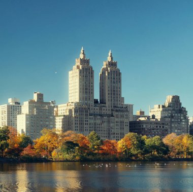 Central Park 'ta, New York' ta Manhattan 'da göl kenarındaki apartmanlı gökdelenler.