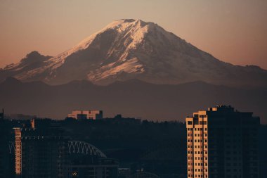 Rainier Dağı ve Seattle şehir mimarisi