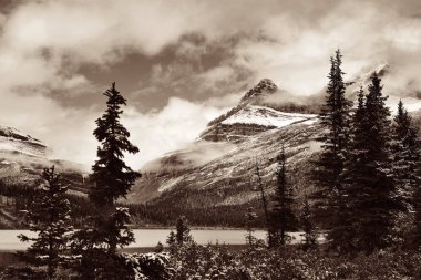 Dağ ve orman Banff Ulusal Parkı'nda yay Gölü ile kar maskeli
