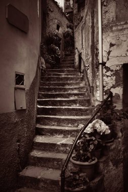 Cinque Terre, İtalya 'da tipik Riomaggiore sokak manzarası.