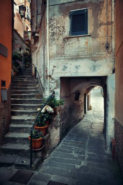 Cinque Terre, İtalya 'da tipik Riomaggiore sokak manzarası.