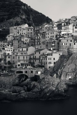 Manarola, İtalya 'nın Cinque Terre kentindeki uçurumun üzerindeki binalarla Akdeniz' e tepeden bakar. Siyah ve beyaz.