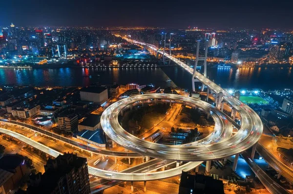 Shanghai Nanpu Pont Sur Rivière Huangpu Avec Trafic Achalandé Chine — Photo