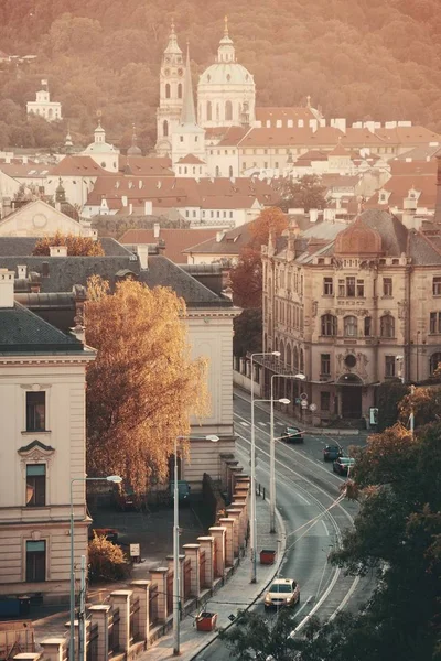 Prag Ufuk Çizgisi Çatı Manzarası Çek Cumhuriyeti Nde Kilise Kubbe — Stok fotoğraf