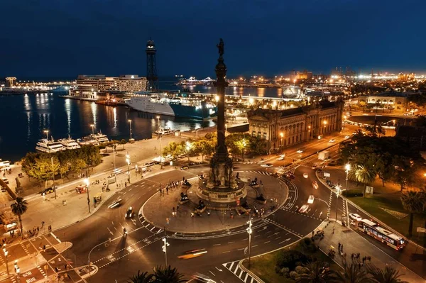 Monumentet Christopher Columbus Antenn Utsikt Barcelona Spanien Natten — Stockfoto