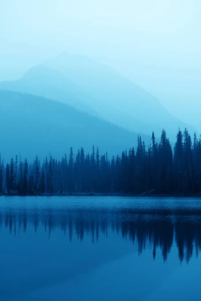 Lago Foresta Montagna Nebbiosa Nel Parco Nazionale Banff — Foto Stock