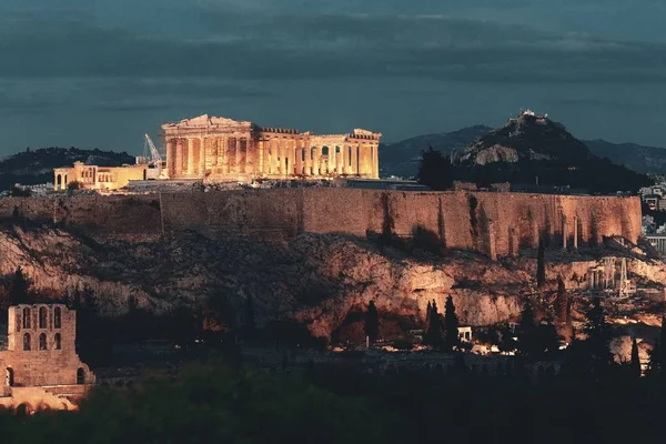 Atina Manzarası Gece Dağın Tepesinde Yunanistan Görüntülendi — Stok fotoğraf