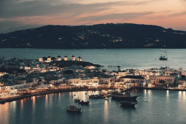 Baía Mykonos Vista Cima Pôr Sol Grécia — Fotografia de Stock