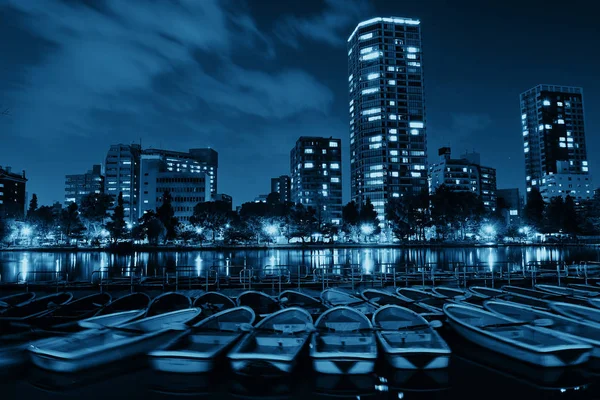 Parque Ueno Por Noche Con Barco Lago Edificio Apartamentos Tokio — Foto de Stock