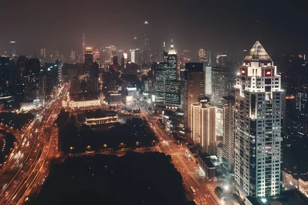 Shanghai Vue Aérienne Nuit Haut Avec Horizon Ville Gratte Ciel — Photo