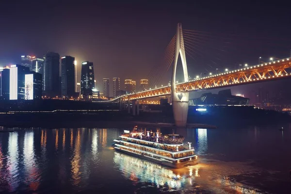 Bridge Boat City Urban Architecture Night Chongqing China — Stock Photo, Image