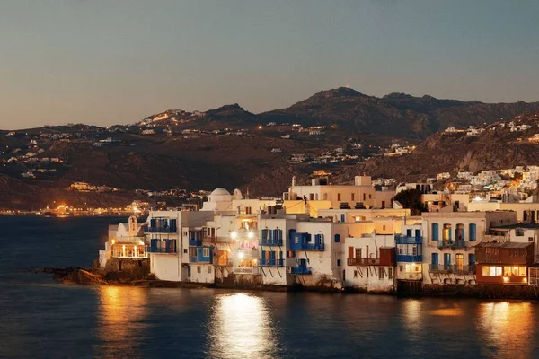 Piccola Venezia Architettura Tradizionale Greca Notte Nell Isola Mykonos Grecia — Foto Stock