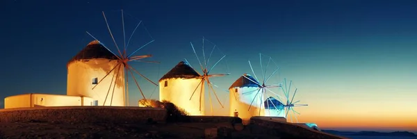 Panorama Del Molino Viento Como Famoso Hito Noche Isla Mykonos —  Fotos de Stock