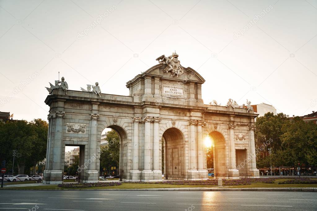 Puerta de Alcala or Alcala Gate closeup view at sunset in Madrid Spain.