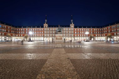 Plaza Mayor at night with historical building in Madrid, Spain. clipart