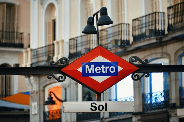 Metro Sign Sol Station Business District Buildings Street Madrid Spain — Stock Photo, Image