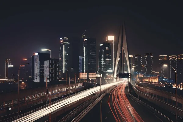 Pont Sentier Lumineux Nuit Chongqing Chine — Photo