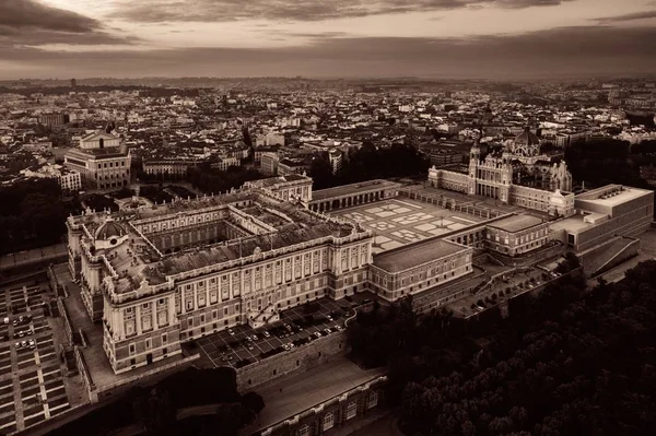 Royal Palace Flygvy Vid Soluppgången Madrid Spanien — Stockfoto